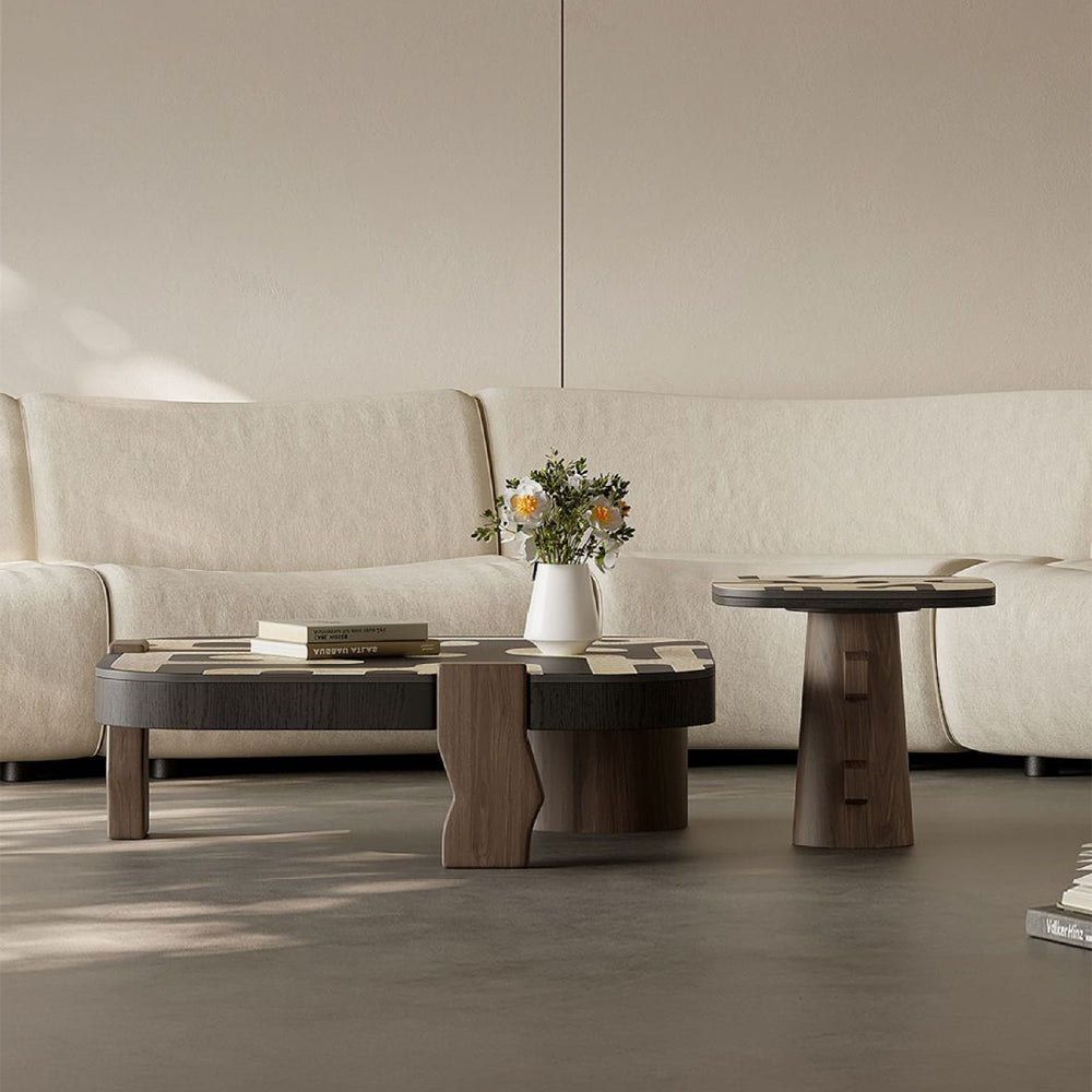 Modern Artistic Coffee Table Abstract Pattern Wood Center Table Irregular Shape Living Room Accent Table