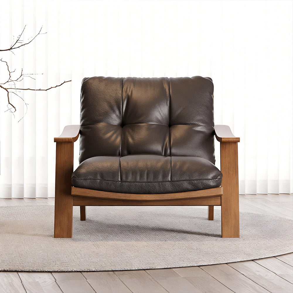 Mid Century Modern Faux Leather Lounge Chair Solid Wood Frame Accent Chair Deep Seat Leisure Armchair