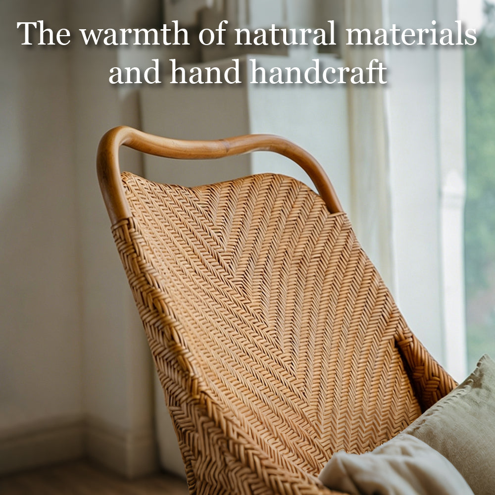 Boho Rattan Lounge Chair with Tufted Cushion and Relaxed Seating