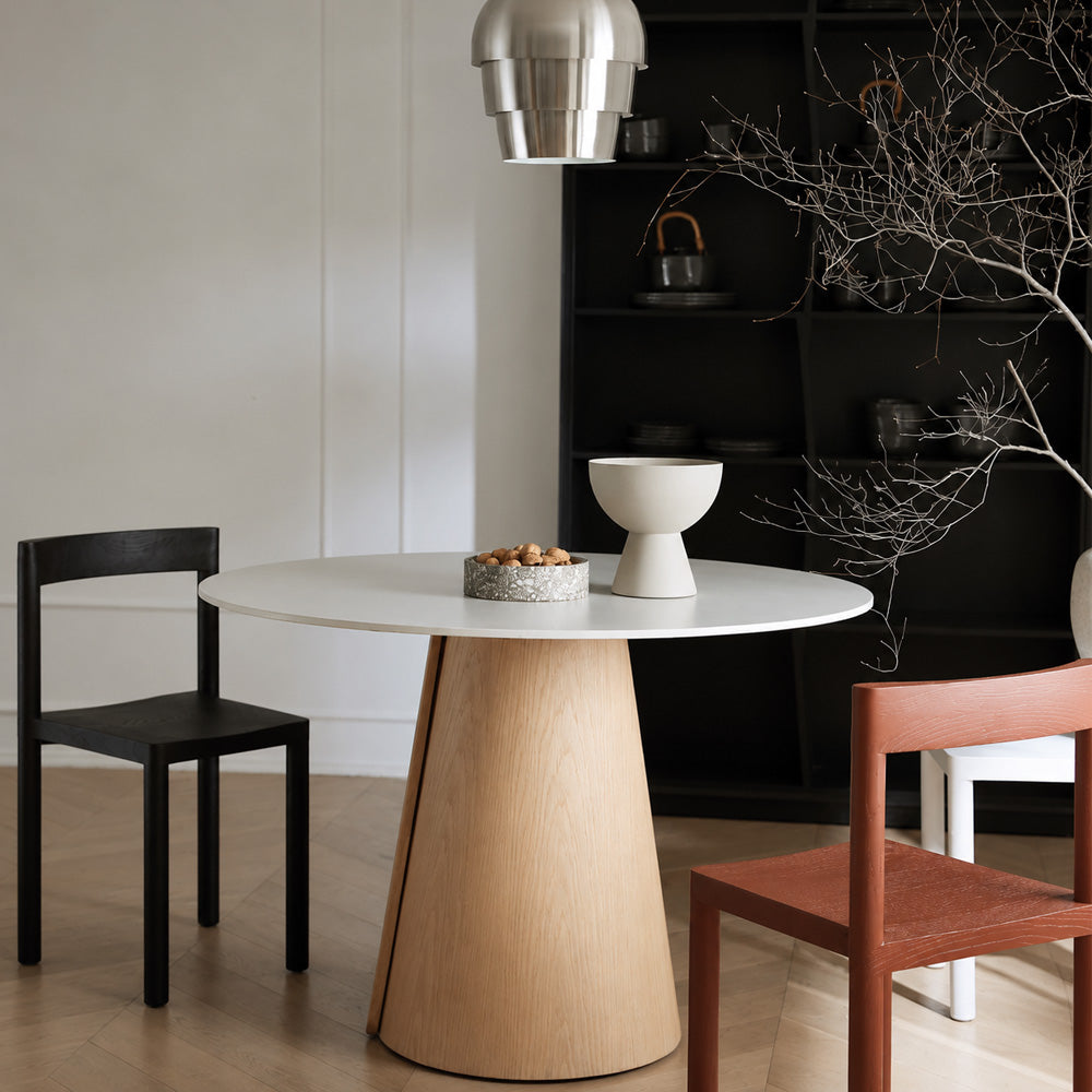 Modern Round Dining Table with Walnut Veneer Top & Travertine-Inspired Pedestal Base
