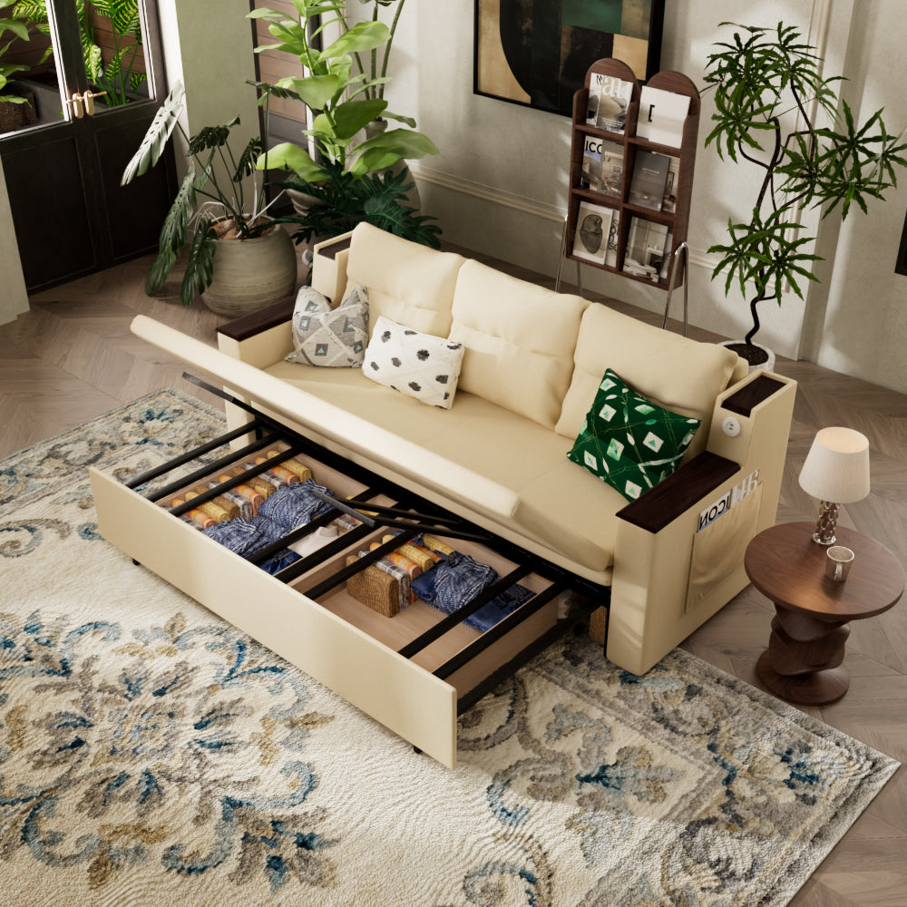 Modern convertible sofa bed with side pockets and hidden storage drawer