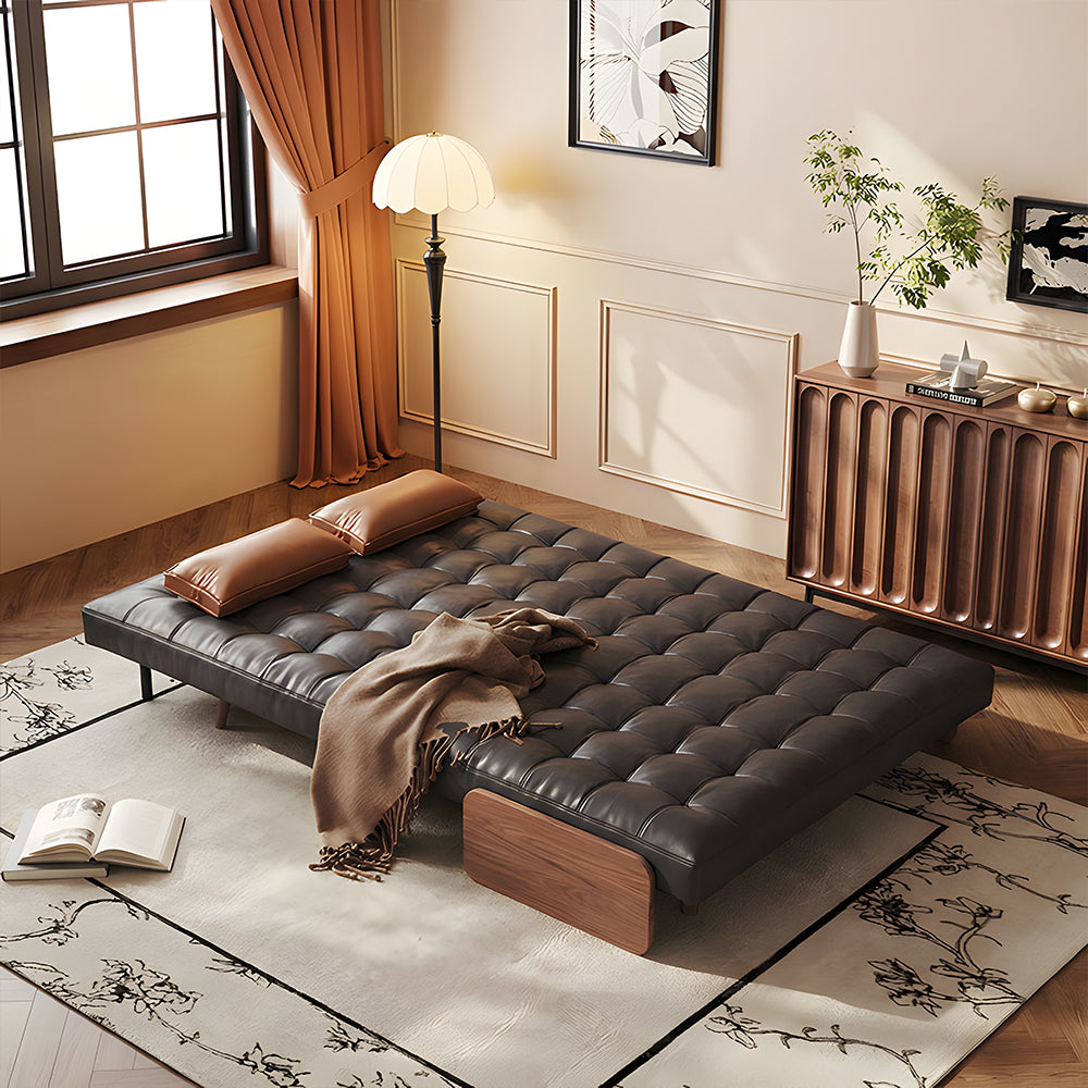 Modern Faux Leather Sofa Bed Convertible Sleeper Couch with Wood Armrests Tufted Design