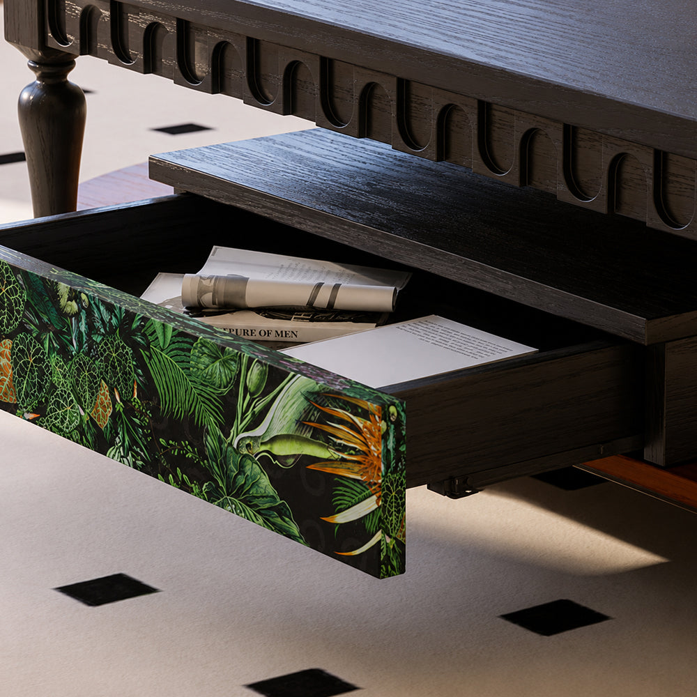 55.9" Norwegian Jungle Print Arched Carved Oval Coffee Table With Drawer