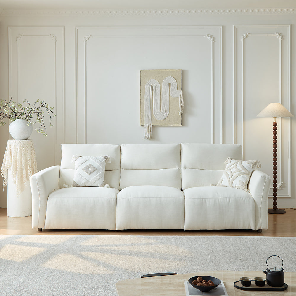 106.2'' Modern Electric Reclining Sofa Cream Fabric Power Sofa with Adjustable Footrest and Wide Armrests