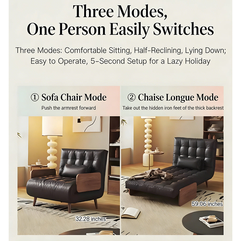Modern Faux Leather Sofa Bed Convertible Sleeper Couch with Wood Armrests Tufted Design