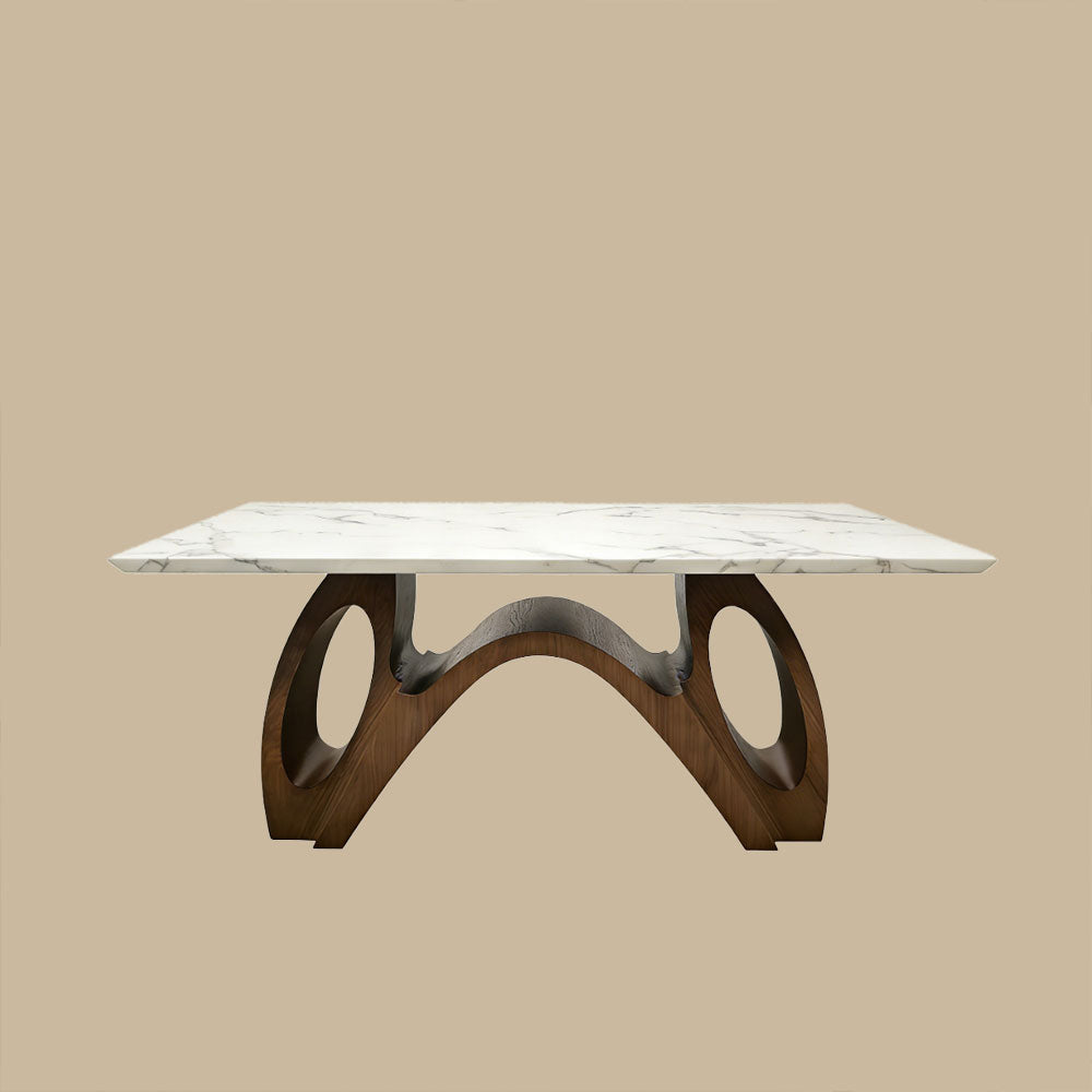 Modern Sintered Stone Dining Table Luxury Kitchen Table with Sculptural Walnut Wood Base for 4-6
