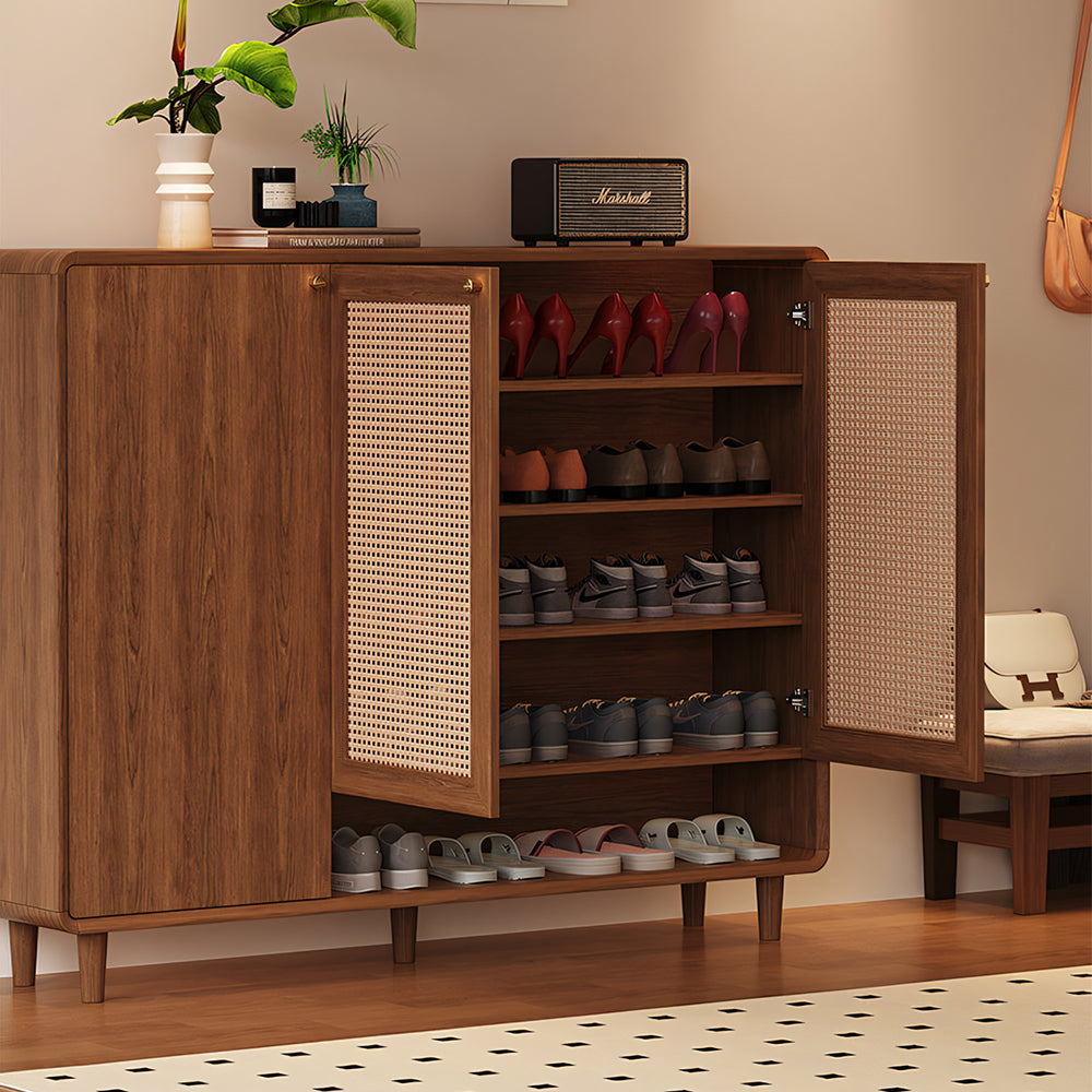 Mid-Century Rattan Shoe Cabinet with 2 Doors Walnut Wood Entryway Storage Organizer with Open Shelf