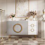 Load image into Gallery viewer, Walnut S-Base Marble-Effect Round Dining Table + White &amp; Gold Circular-Accent Buffet Cabinet Set
