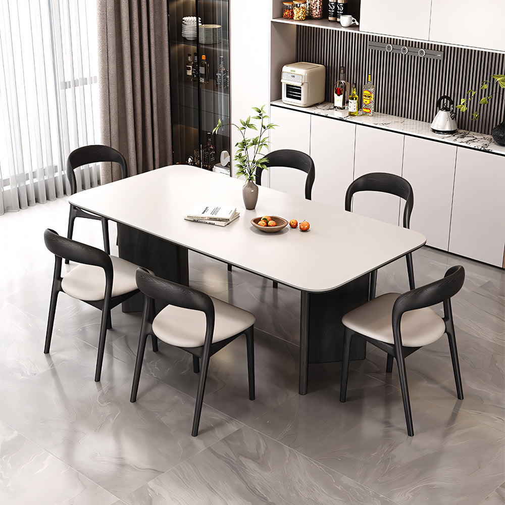 Modern Minimalist Dining Chair Faux Leather Seat Solid Wood Frame Black and Beige Accent Chair 1 Piece