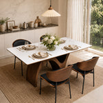 Load image into Gallery viewer, Modern Dining Table with Marble-Like Stone Top and Sculptural Wooden Base
