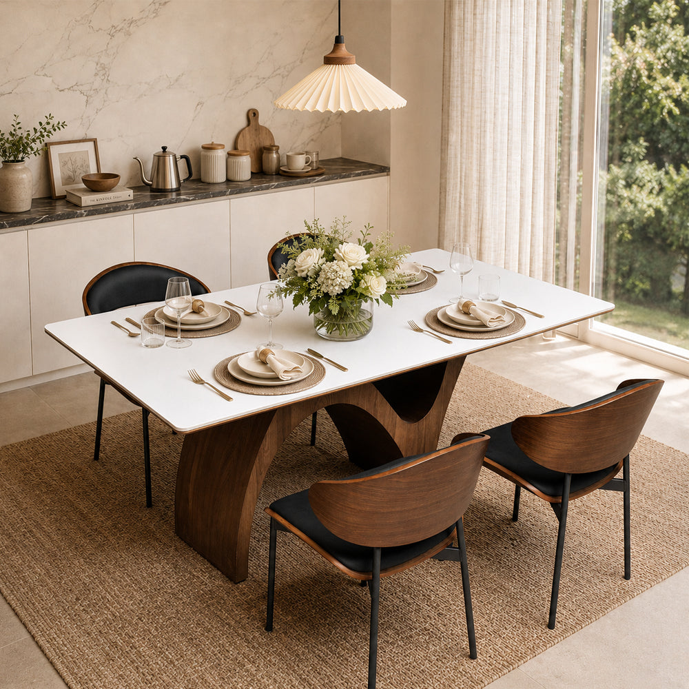 Modern Dining Table with Marble-Like Stone Top and Sculptural Wooden Base