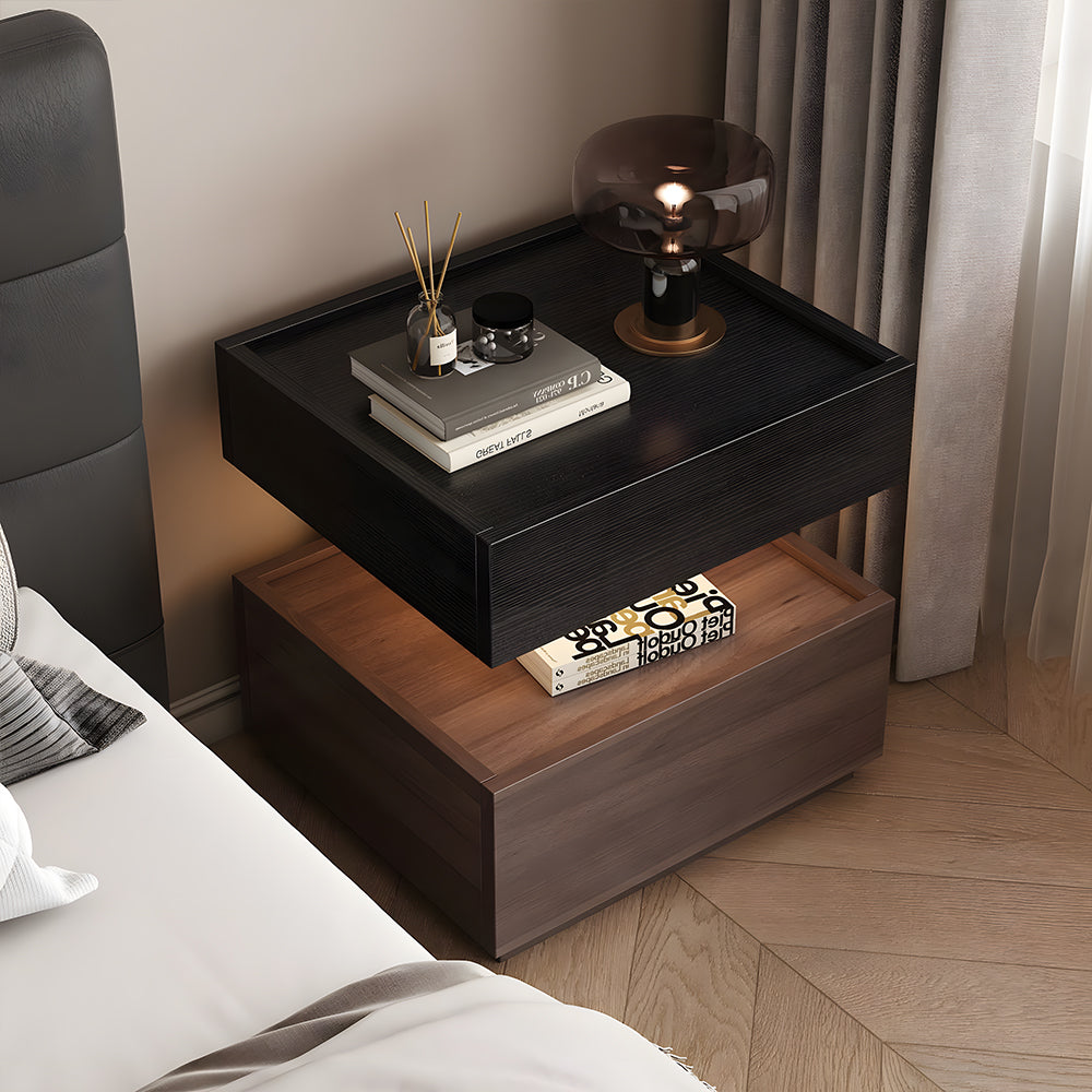 Modern Two Tier Bedside Table with Drawer Tray Top Nightstand Wood Storage Bedside Cabinet