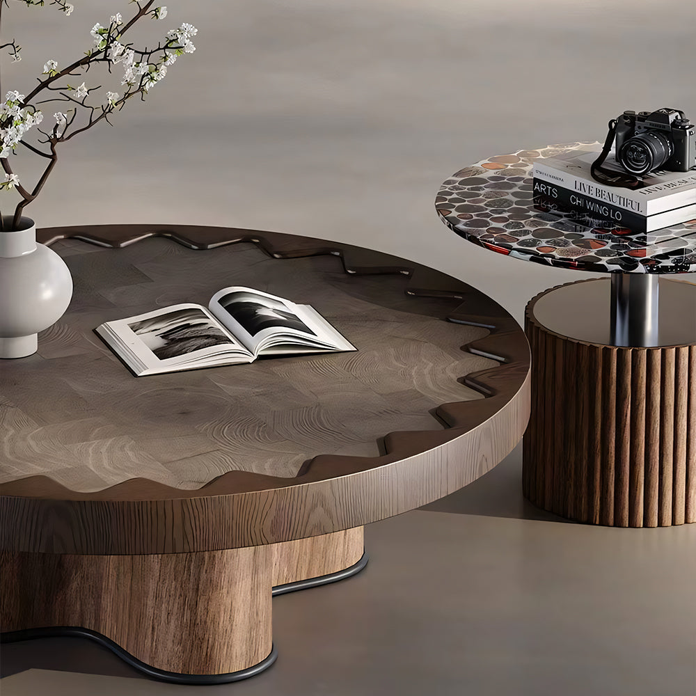 Modern Round Coffee Table Set with Sculptural Base & Glass Accent Side Table Luxury Contemporary Living Room Furniture
