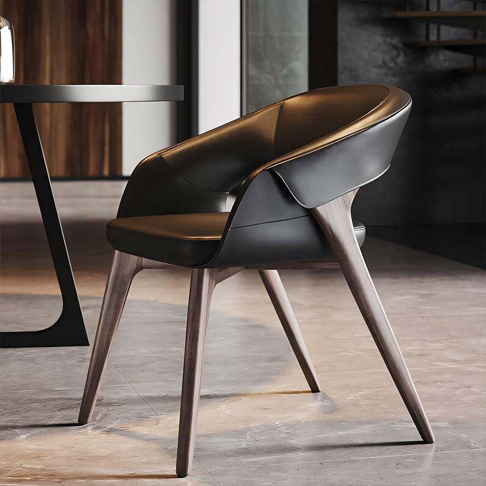 Modern Upholstered Dining Chair Faux Leather Seat Curved Armrest Accent Chair with Solid Wood Legs 1 Piece