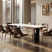 Modern Rectangular Dining Table with Marble-Look Top and Sculptural Pedestal Base