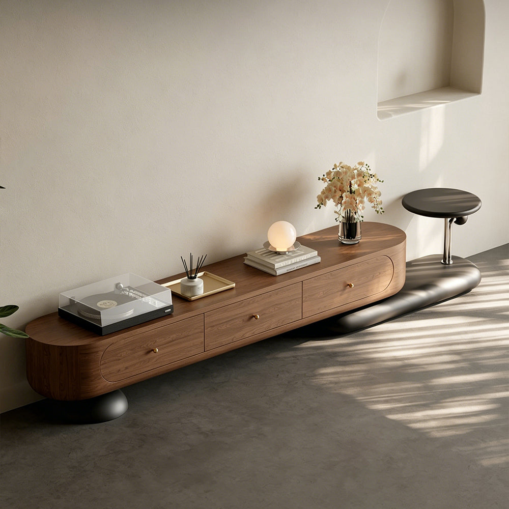 86.6" Modern Walnut TV Stand Curved Edge Media Console Low Profile Entertainment Center