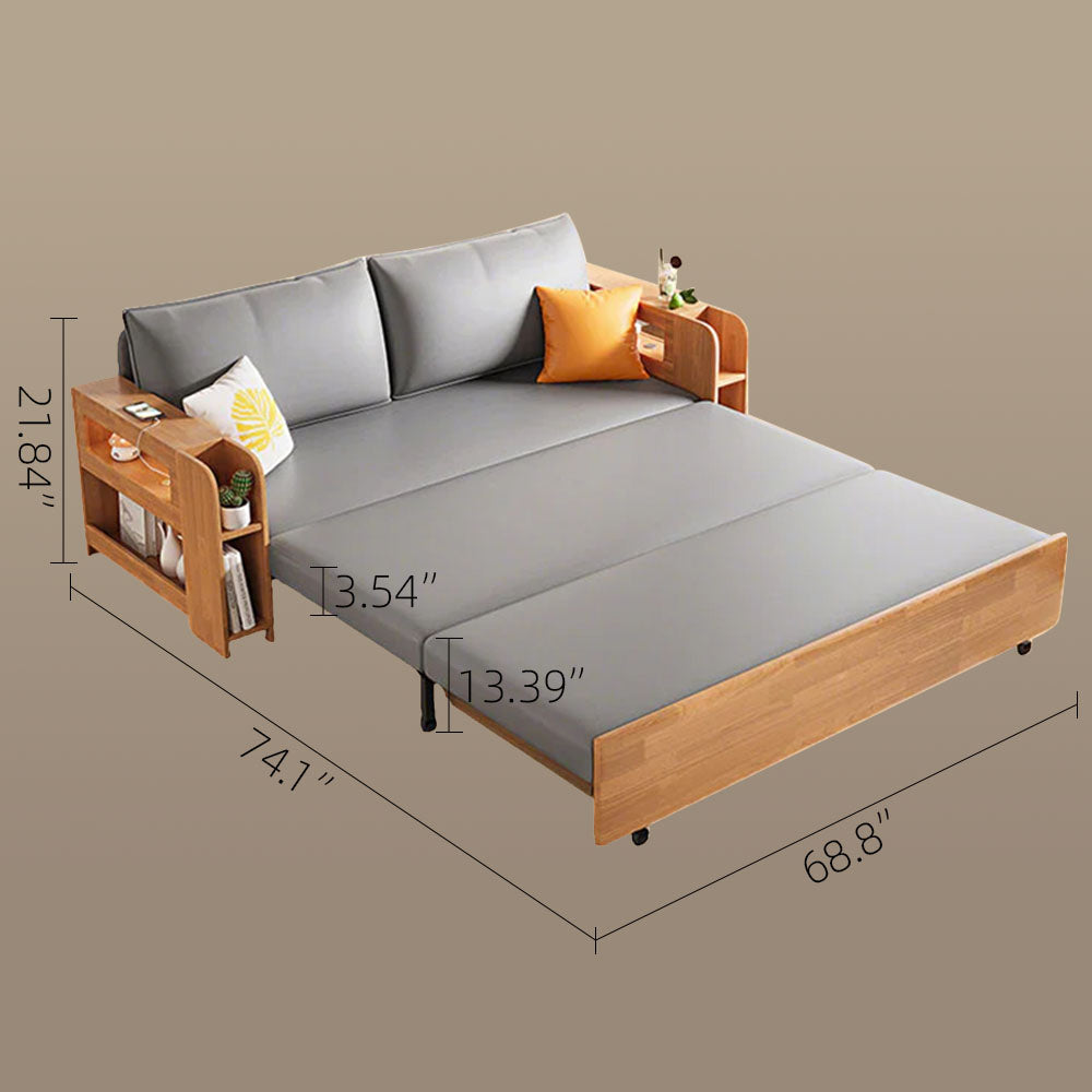 Solid Wood Sofa Bed Charging Function Storage Drawer Modern Minimalist