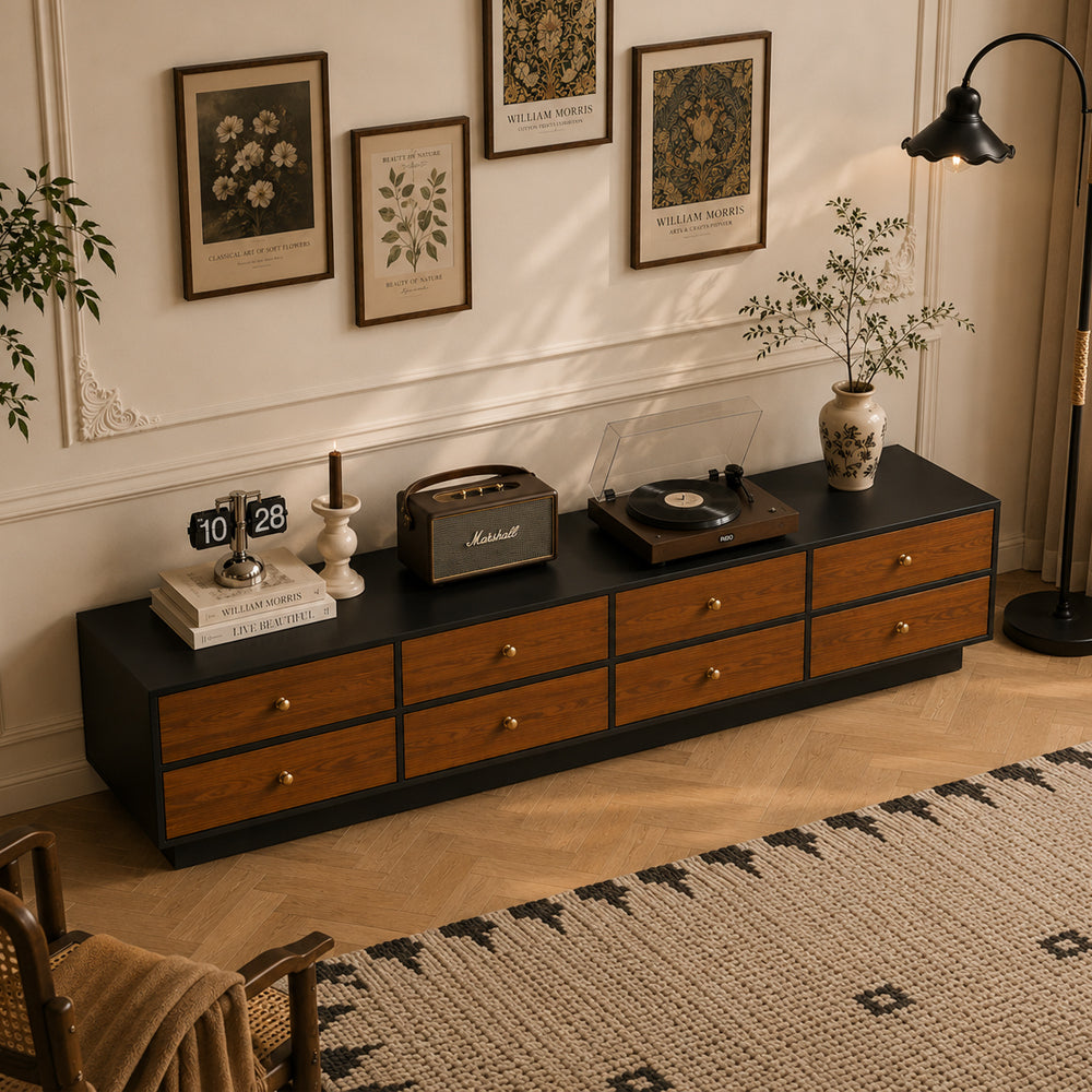 86.6'' Modern Walnut Low Profile TV Stand with Drawers Mid Century Media Console