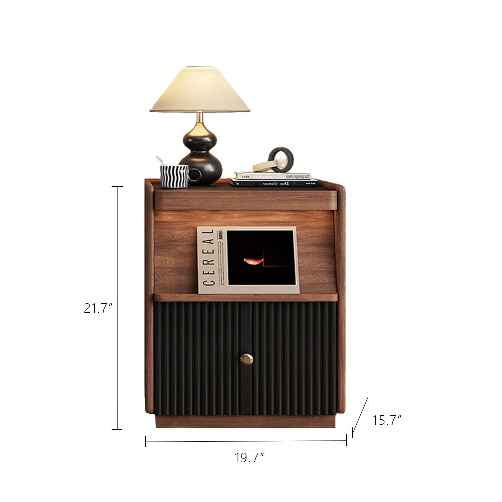 Modern Walnut Nightstand with Fluted Cabinet Door and Open Storage Shelf