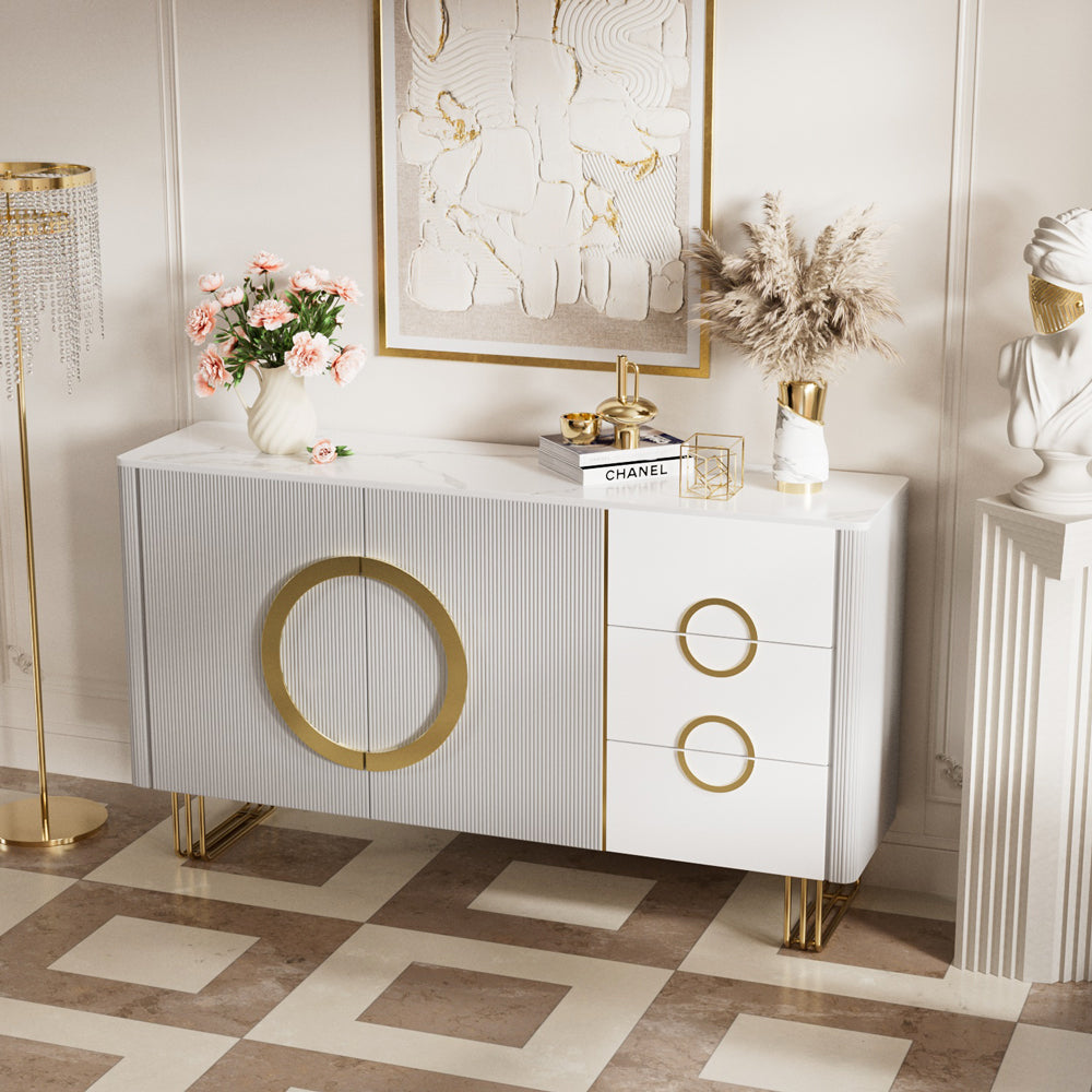 62.4" Sleek Modern White and Gold Buffet Cabinet with Circular Accents