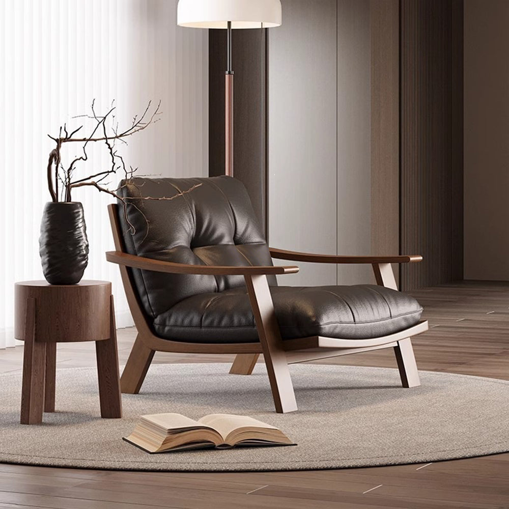 Mid Century Modern Faux Leather Lounge Chair Solid Wood Frame Accent Chair Deep Seat Leisure Armchair