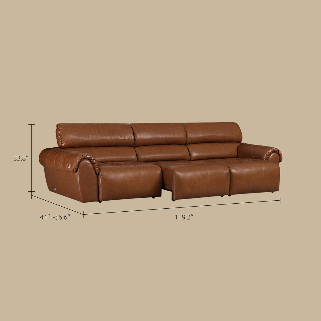 119.2'' Modern Genuine Leather Power Reclining Sofa Remote Control Adjustable Seats Brown Leather Couch