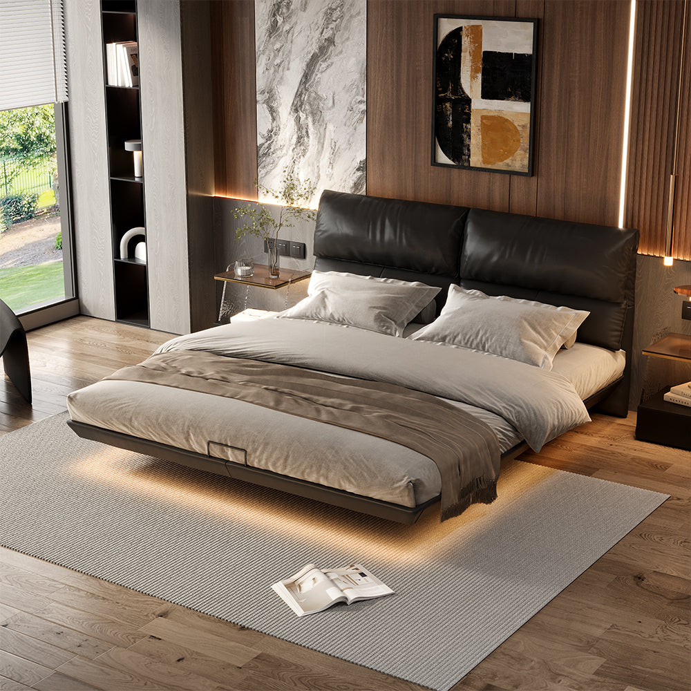 Contemporary Floating Platform Bed with LED Ambient Lighting & Upholstered Headboard