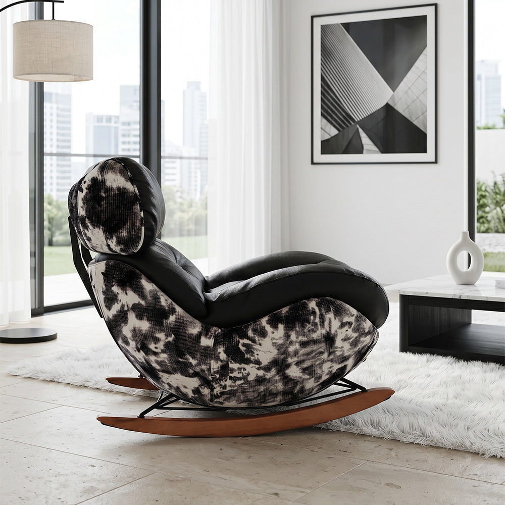 Rocking Lounge Chair with Black Cushions and Abstract Patterned Shell