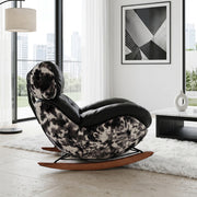 Rocking Lounge Chair with Black Cushions and Abstract Patterned Shell