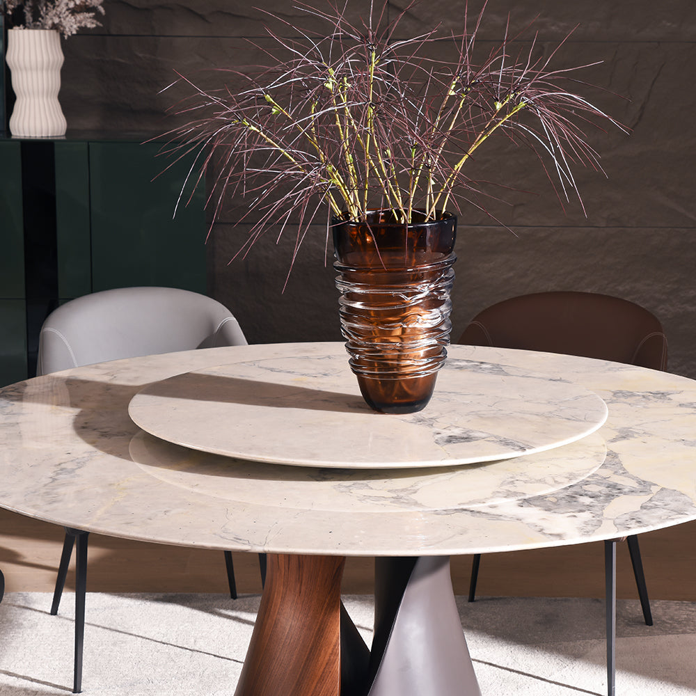 Modern Round Dining Table with Lazy Susan and Sculptural Pedestal Base