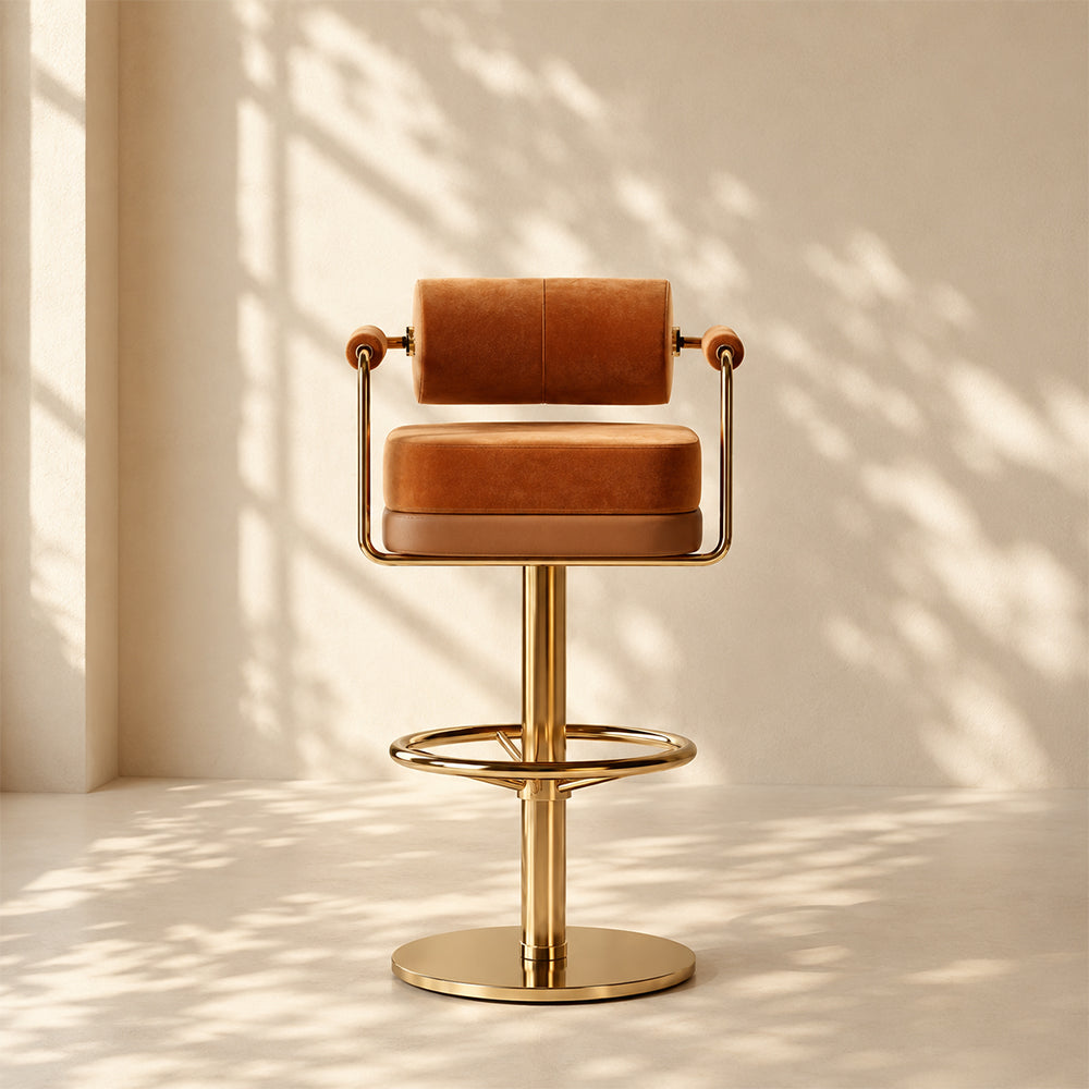 Modern Luxury Swivel Bar Stool with Cylindrical Backrest Gold Metal Frame Counter Chair 1 Piece