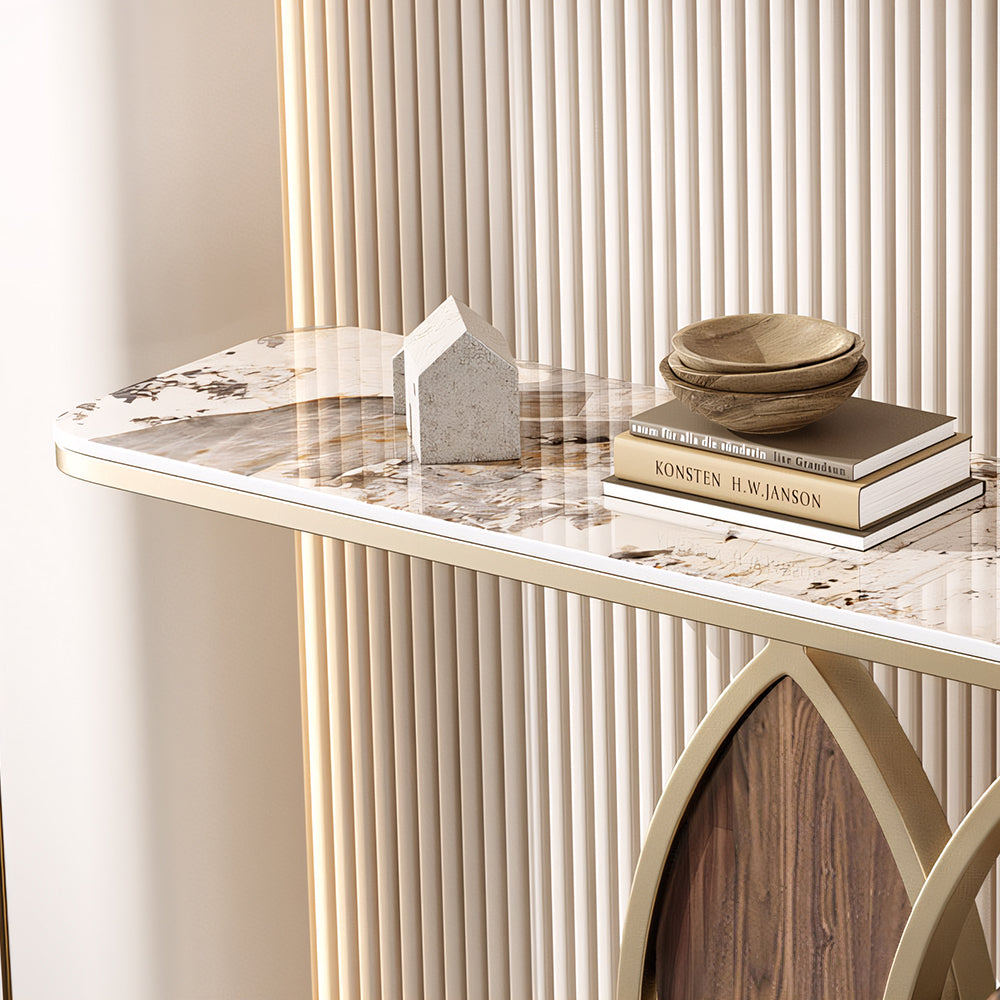 Modern Sintered Stone Entryway Console Table with Gold Metal Artistic Base
