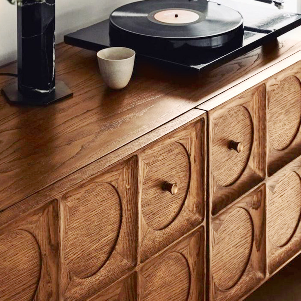 62.99" Rustic Media Console with Circular Textured Doors and Concealed Storage and Cable Cutouts