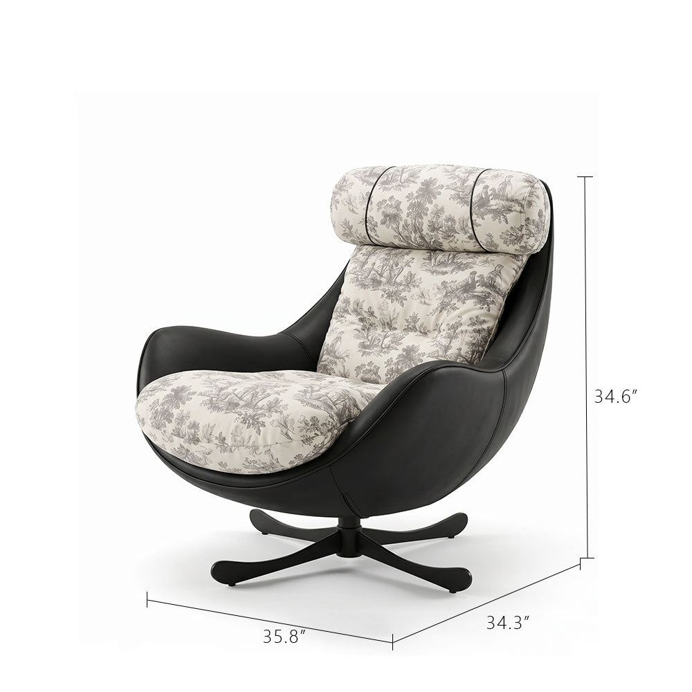 Printed Swivel Lounge Chair with Black Faux Leather Shell