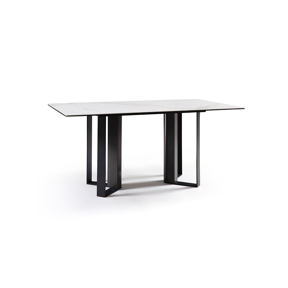 Modern White Sintered Stone Dining Table with Black Geometric Carbon Steel Base