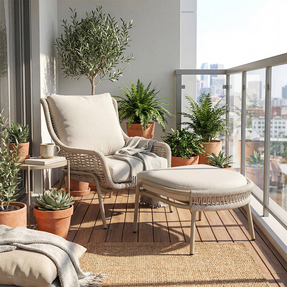 Modern Outdoor Lounge Chair with Woven Rope Frame and Weather Resistant Cushions