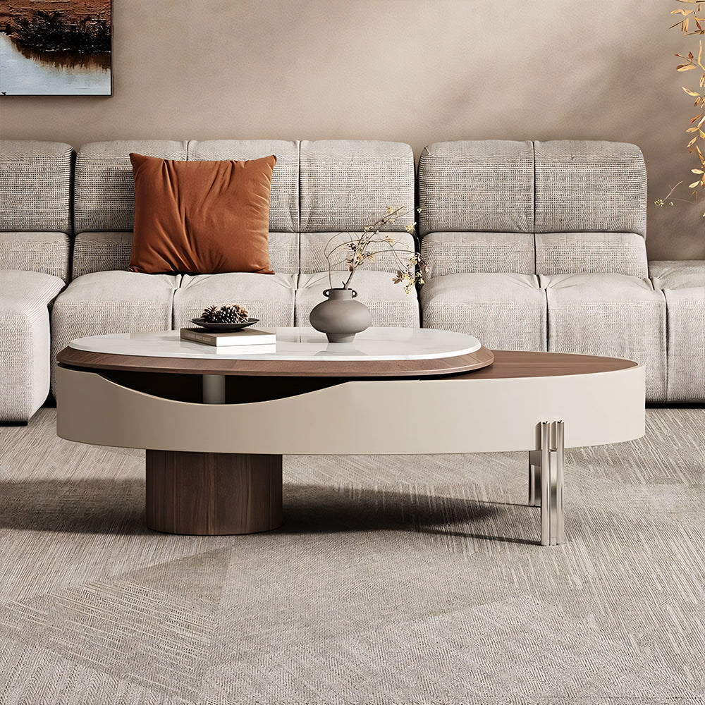 46.8'' Modern Lift-Top Coffee Table with Sintered Stone Top & Wood Base Sculptural Curved Design with Hidden Storage