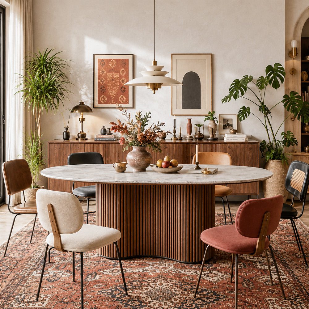 Sculptural Fluted Base Oval Dining Table with Sintered Stone Top