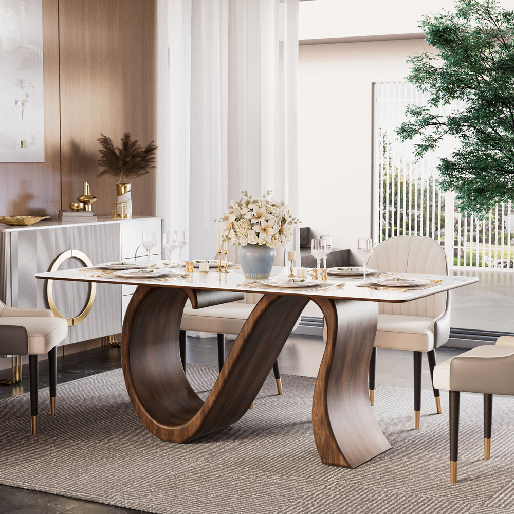 Walnut S-Base Marble-Effect Round Dining Table + White & Gold Circular-Accent Buffet Cabinet Set