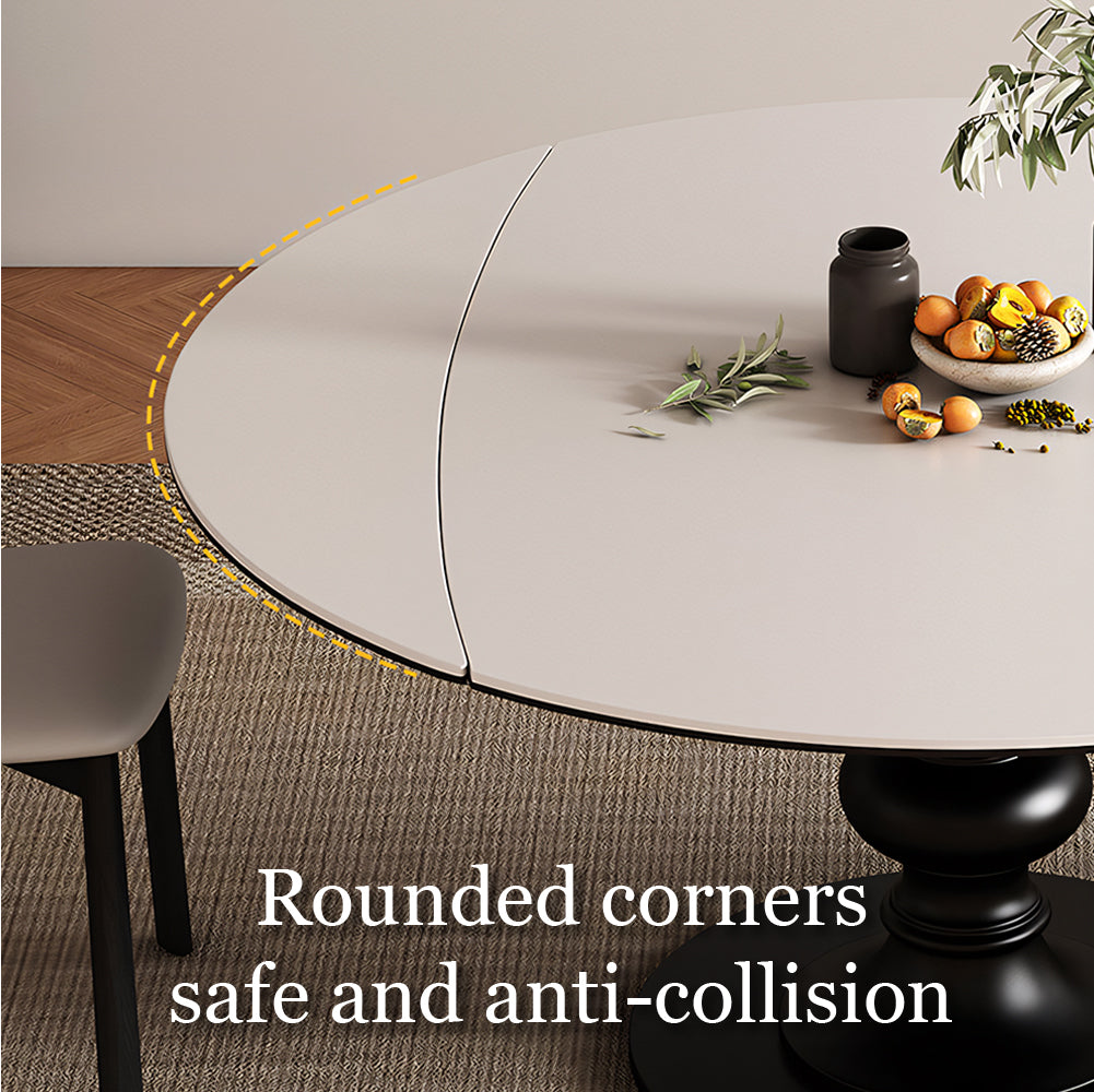 Extendable Round Dining Table Solid Wood Base Sintered Stone Top Convertible Oval Table Space Saving Expandable Dining Table