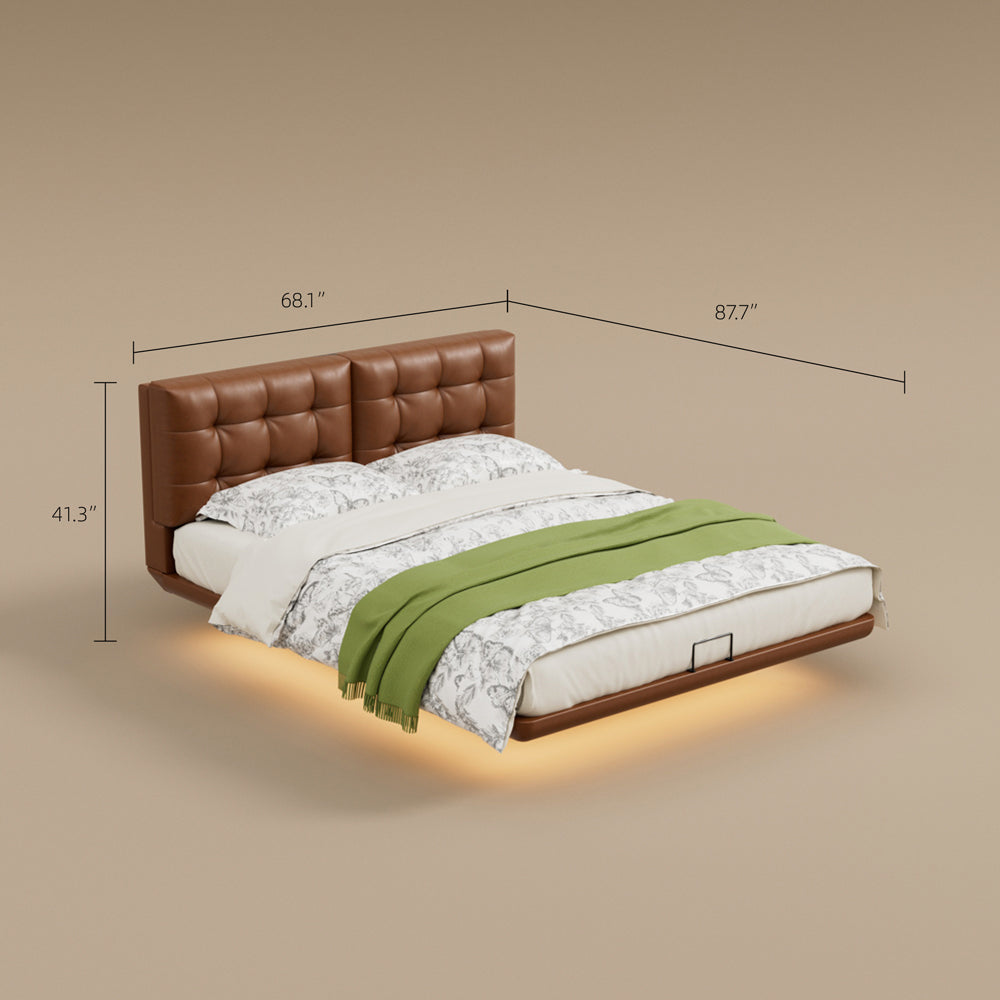 Modern Floating Bed with LED Lighting & Upholstered Headboard