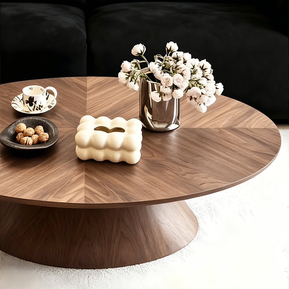 Modern Walnut Round Coffee Table with Pedestal Base Wood Grain Center Table