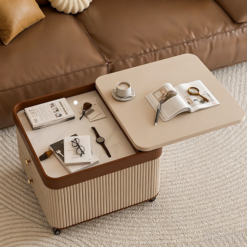 Modern Rolling Side Table with Hidden Storage Drawers and Sliding Top Design