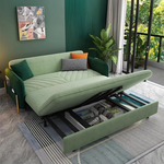 Load image into Gallery viewer, green velvet convertible sofa bed with pull-out storage drawer partially extended
