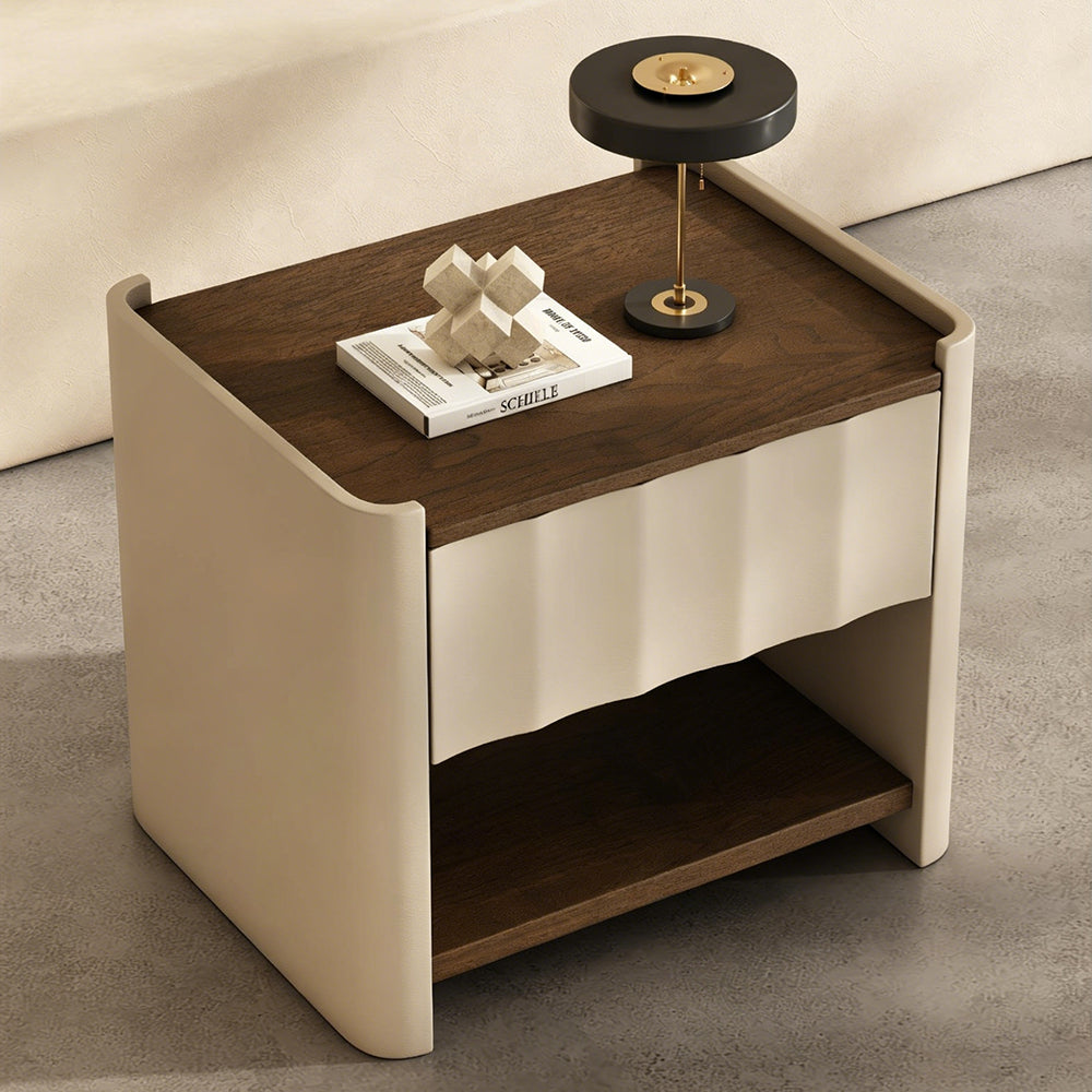 Modern Minimalist Nightstand with Soft Leather Finish and Walnut Top Drawer Bedside Table