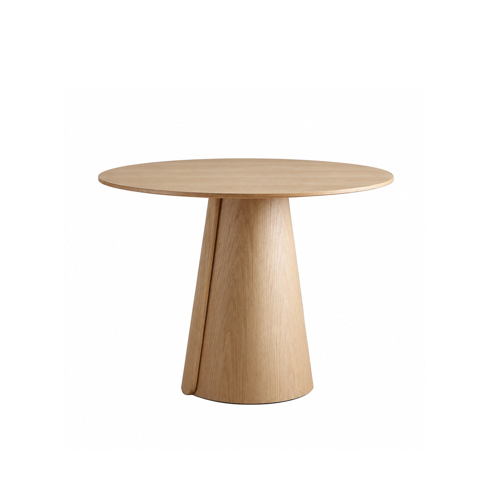 Modern Round Dining Table with Walnut Veneer Top & Travertine-Inspired Pedestal Base