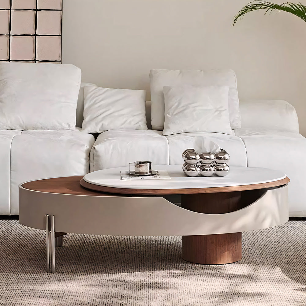 46.8'' Modern Lift-Top Coffee Table with Sintered Stone Top & Wood Base Sculptural Curved Design with Hidden Storage