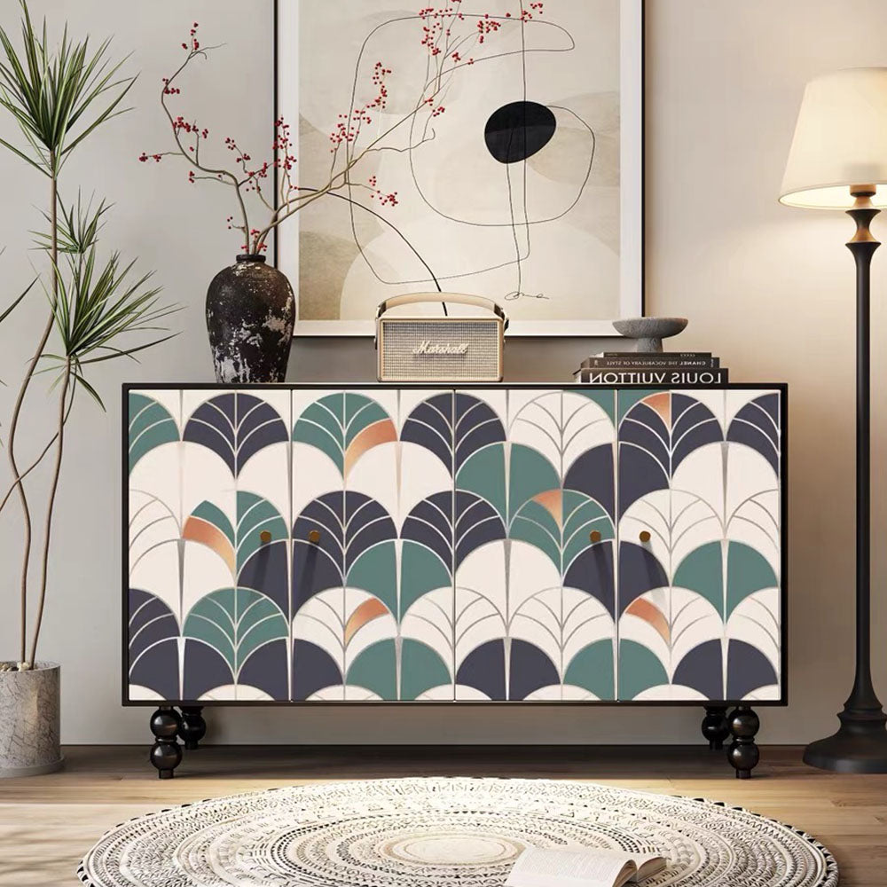 59'' Vintage Hand-Painted Sideboard Artistic Retro Buffet Cabinet with Bold Geometric Patterns