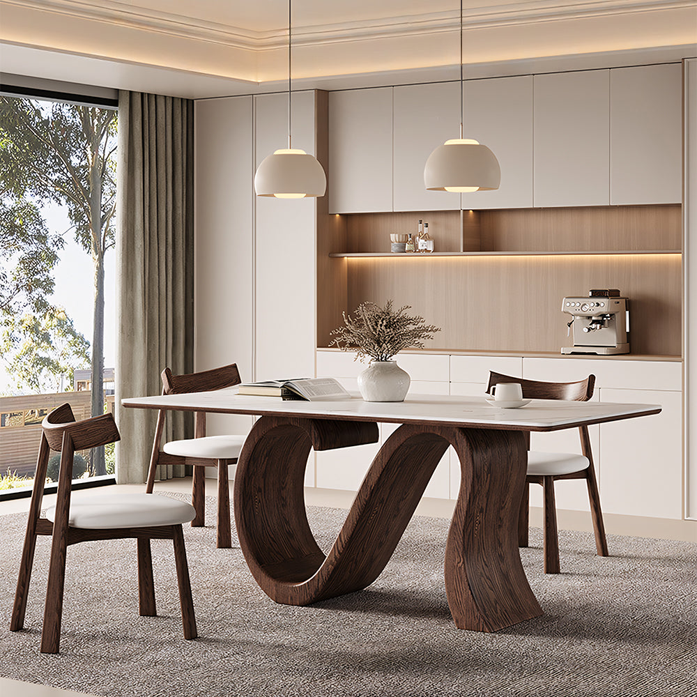 Creative S-shaped Walnut Base Round Dining Table with Marble Effect Surface