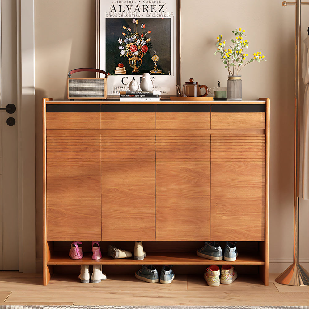 Modern Wood Shoe Cabinet with Doors Natural Entryway Storage Organizer with Open Shelf